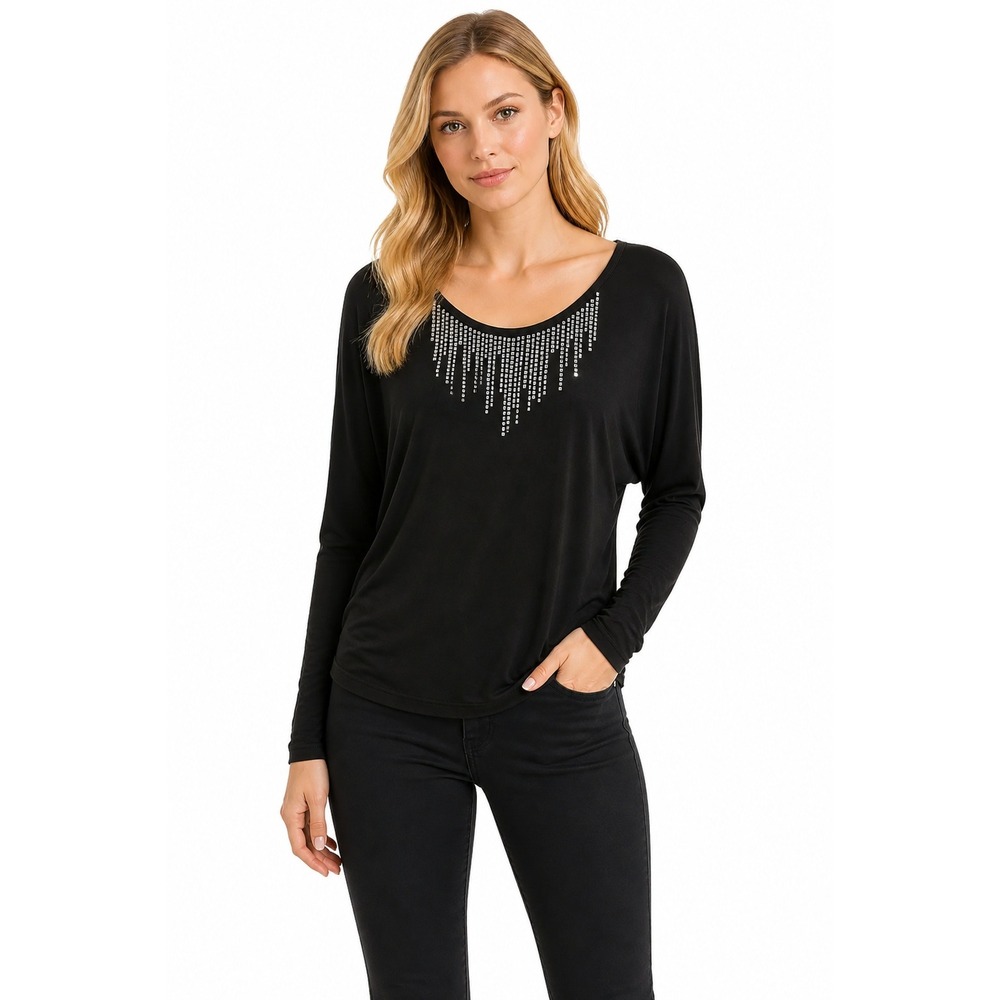 Velvet Blouse S Black Stretch Long‎ Sleeve Rhinestone Neck Dressy Womens Top